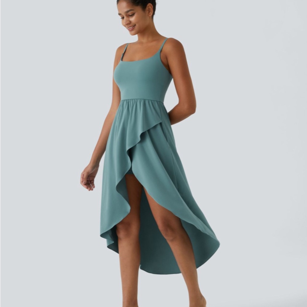 Halara High Low 2-Piece Flowy Midi Quick Dry Casual Dress Large Stone Blue